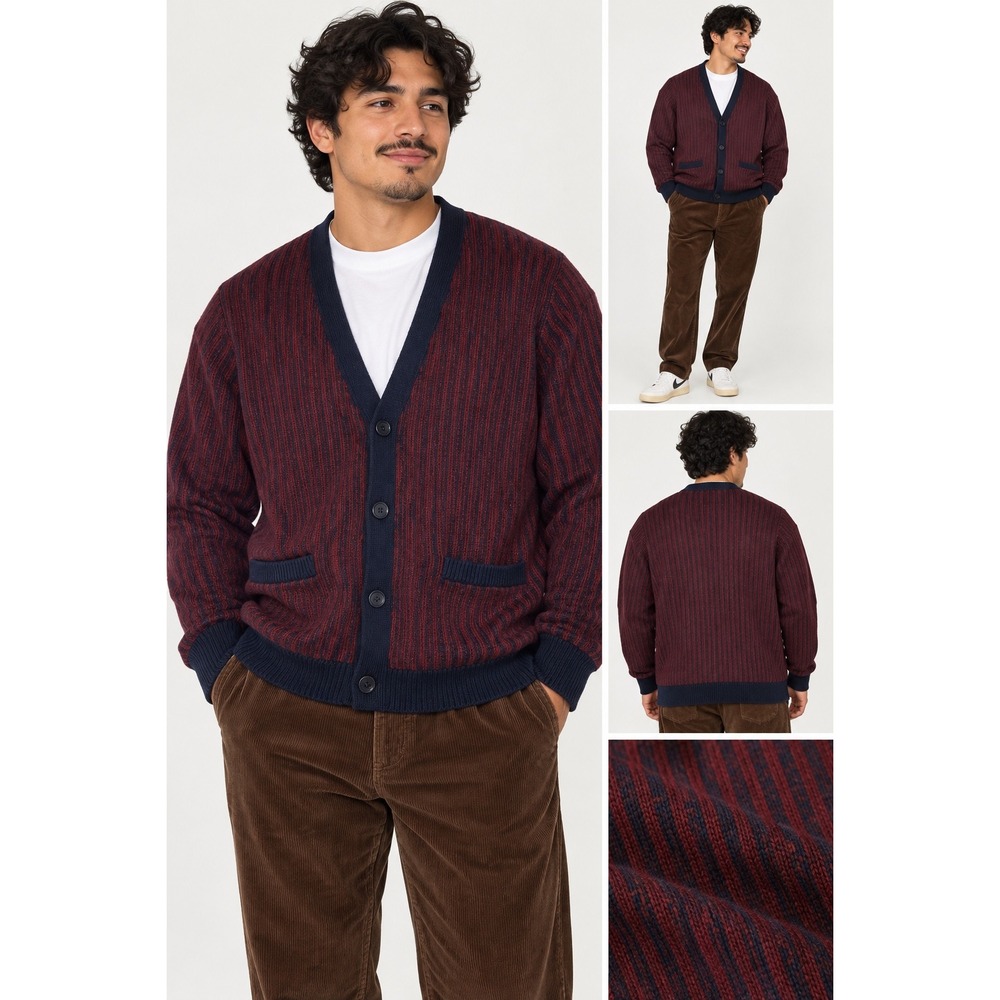 Goodfellow & Co Mens Cardigan Sweater Navy Red Striped Button Front Size L NEW